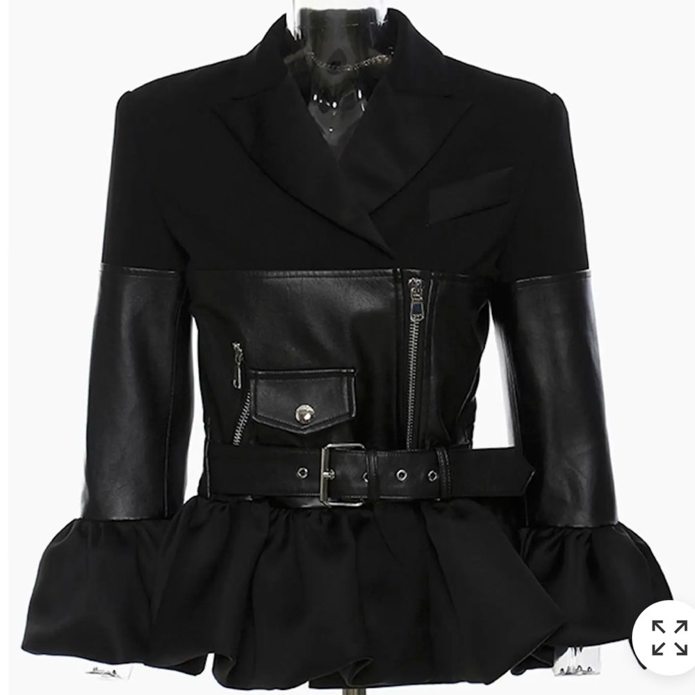 Peplum PU/ Vegan Leather Trim Blazer Jacket